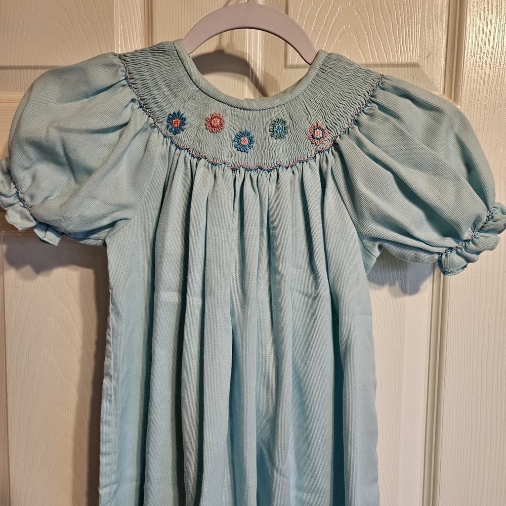 Charming Blue KidsSmock Dress with Floral Embroidery Size 6X